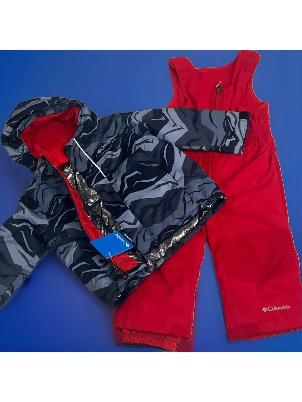 NWT Columbia WATERPROOF BUGA SNOW SET BLACK JACKET RED BIBS Pant 18-24 Mon